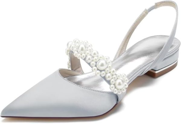 YWXYMGE Satin Pearls Wedding Shoes for Bride Flat Pointed Toe Women Slingback Flats