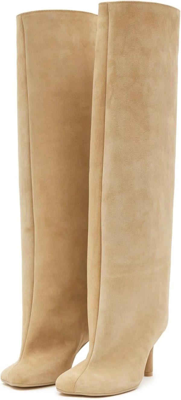 UBWDU Women's Suede Knee High Boots Square Toe Stiletto Heels Wide Calf Tall Boots