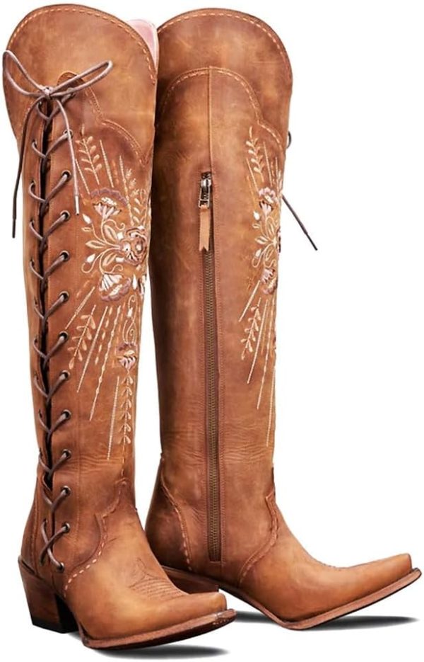 Yolkomo Cowboy Boots for Women Wide Calf Embroidered Western Cowgirl Boots Pointed Toe Over-The-Knee High Lace-Up Boots