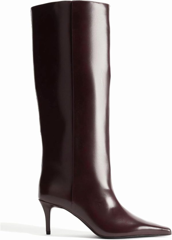 VorisVina Burgundy Kitten Heel Knee High Boots Leather Pointed Toe Tall Boots Slouch Dressy Stiletto Long Fall Boots