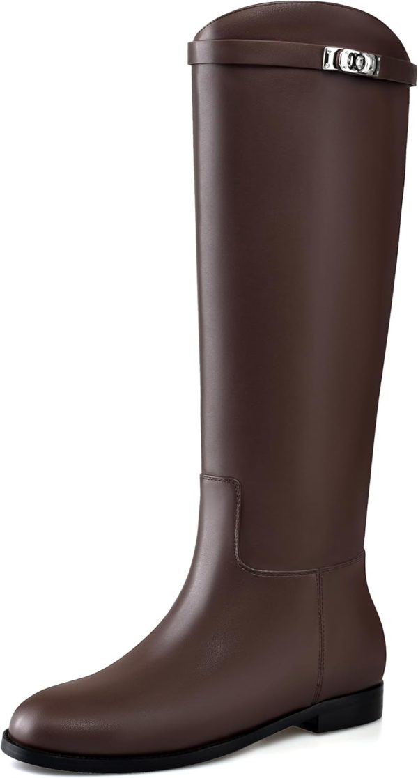 MIRAAZZURRA Flat Knee High Boots Round Toe Tall Flat Boots for Women with Buckle Back Zipper Womens Riding Boots